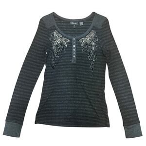 Miss Me Black and Gray Striped Beaded Top Size Large